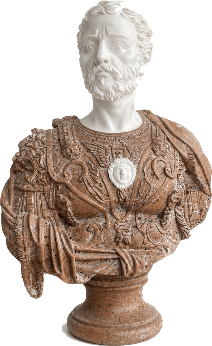 Busto classico con corazza decorata — Marmo chiaro e marmo rosato scolpiti