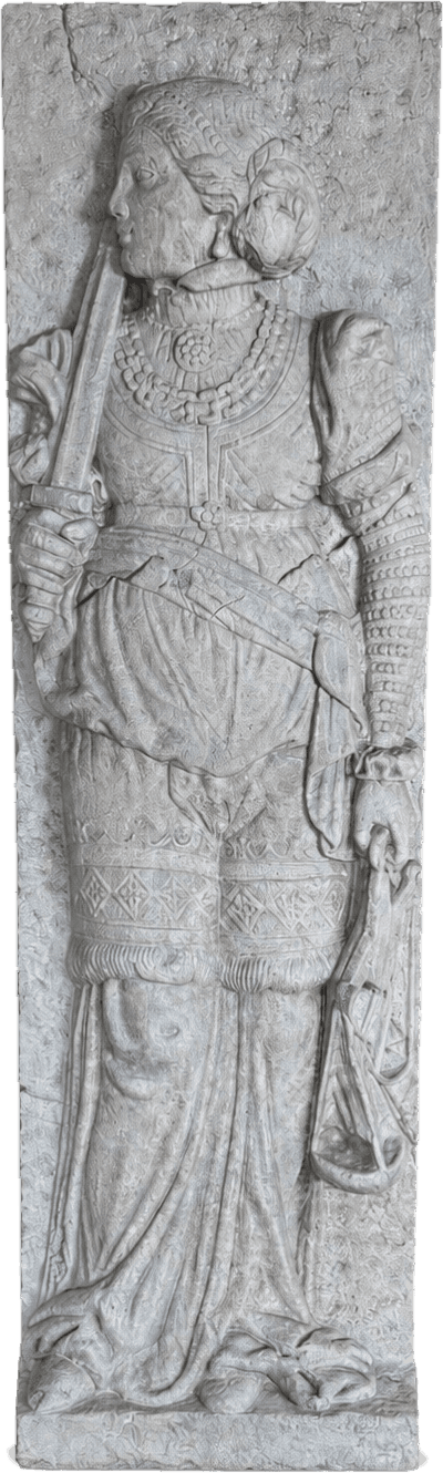 Rilievo in marmo con figura armata — Marmo grigio chiaro scolpito