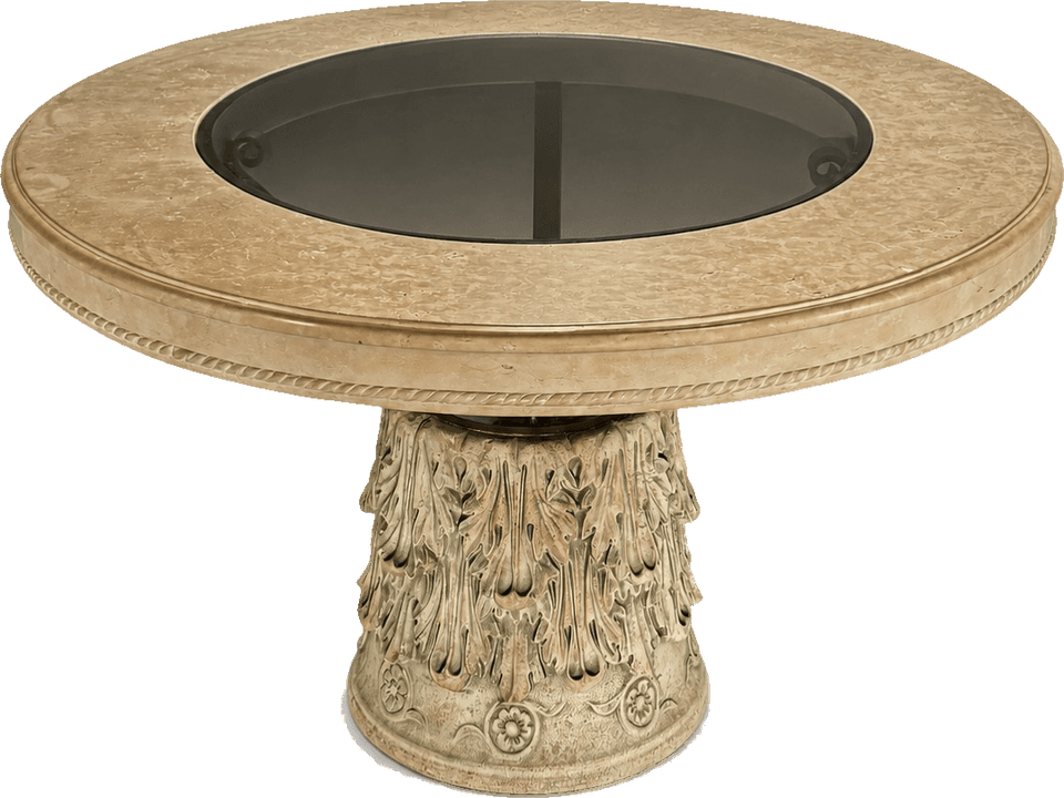 Tavolo rotondo in marmo con piano in vetro — Marmo beige scolpito e piano in vetro